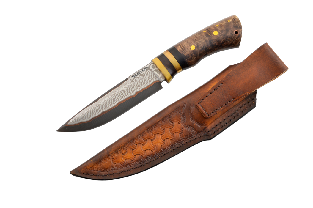 Custom Damascus 52100 Stabilized Burl Hunting Knife 145mm