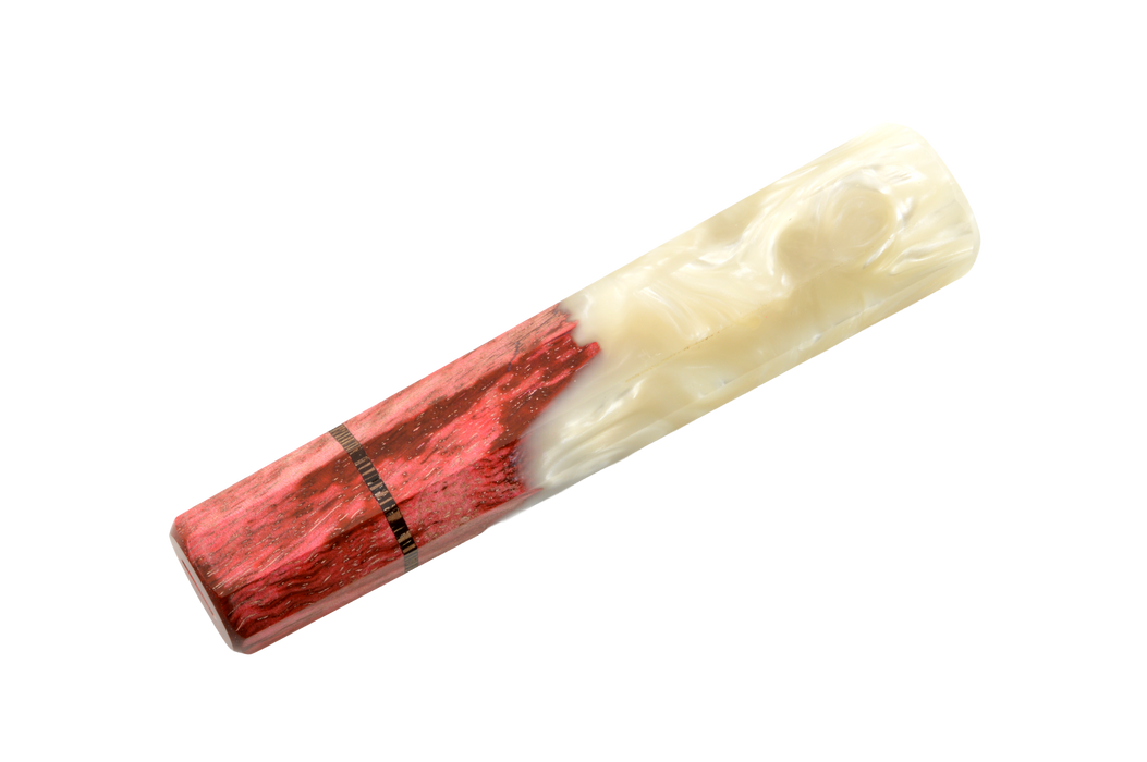 The Custom Wa-Handle #603 - 140mm (Standard) by Made in Turkey features a marbled body with deep red blending into pearly white, separated by a thin black band, echoing the look of a premium knife handle.