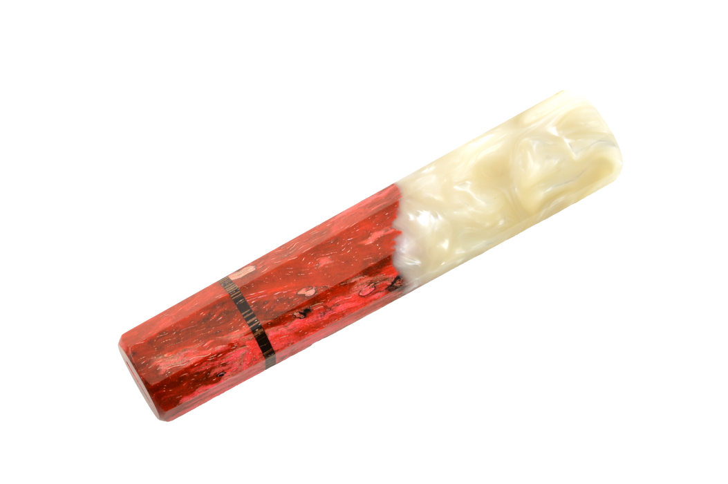 The Made in Turkey Custom Wa-Handle #604 - 139mm (Standard) features a marbled red and black lower half, cream upper half, and a slim metallic band, reminiscent of an epoxy handle, shown on a white background.