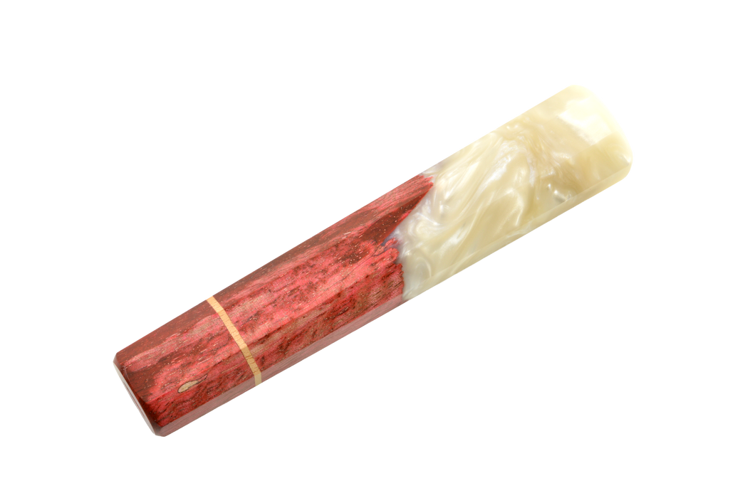 The Custom Wa-Handle #605 - 148mm (Large) by Made in Turkey features deep red wood on one end and creamy white resin on the other, smoothly blending like a custom knife handle, displayed against a plain white background.
