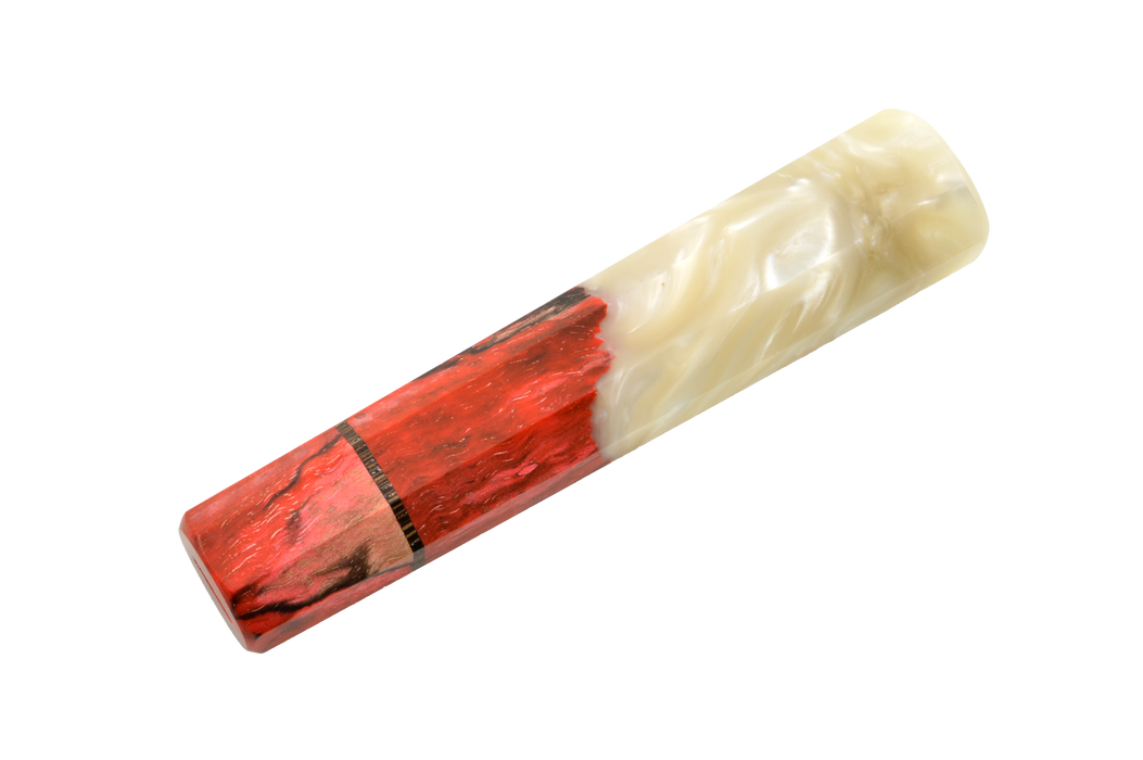 The Custom Wa-Handle #606 - 141mm (Standard) from Made in Turkey features a resin barrel blank with marbled ivory blending into rich red and black wood grain—ideal for custom knife handle or blade-to-handle projects, shown on a white background.