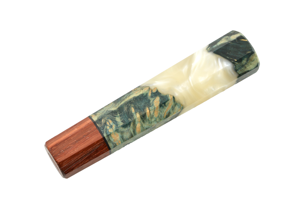 The Custom Wa-Handle #607 - 137mm (Standard) by Made in Turkey features an Amboyna-inspired wood base, cream resin center, and green marbled top—evoking custom knife handle design—all shown on a white background.