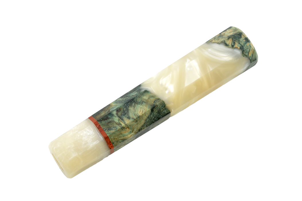 The Custom Wa-Handle #609 - 135mm (Standard) by Made in Turkey, crafted from creamy ivory and green marbled stone with a striking red band, is displayed elegantly on a white background.