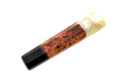 La poignée personnalisée Wa n° 612 - 135 mm (standard) de la marque Made in Turkey présente une extrémité noire brillante, une autre de couleur ivoire clair marbré, ainsi qu'une partie en bois brun rougeâtre aux veines tourbillonnantes au milieu, le tout sur fond blanc.