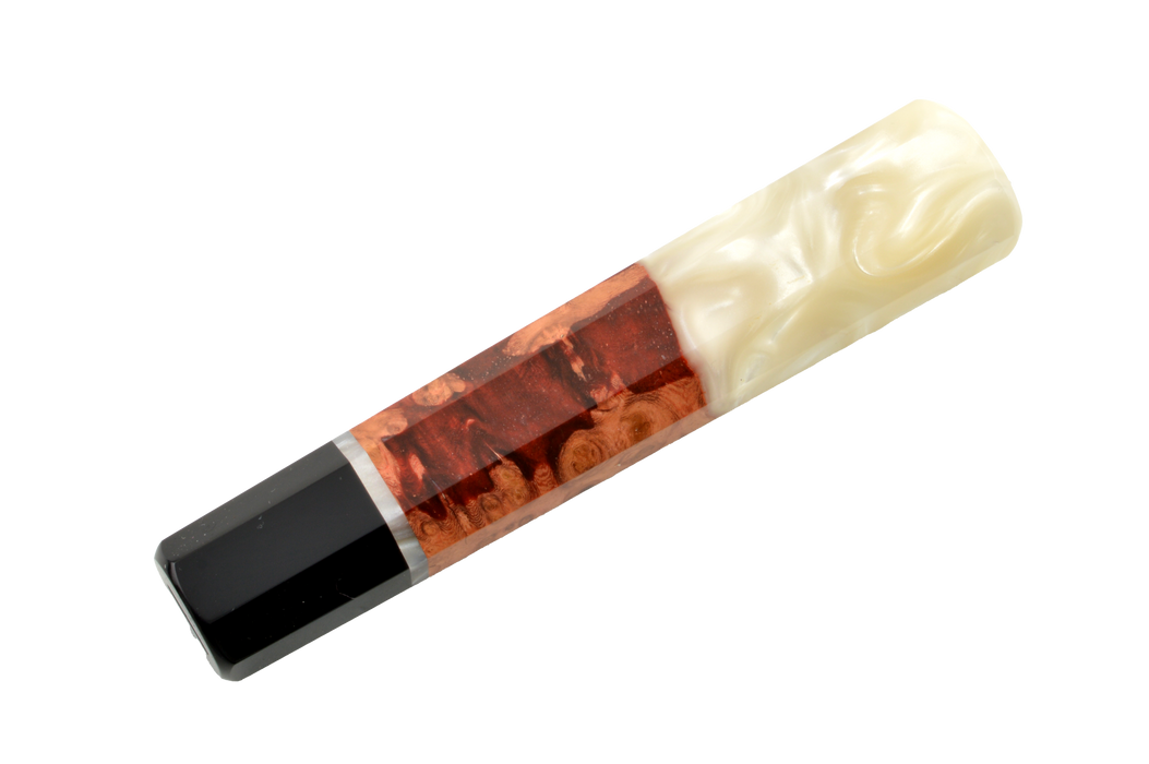 The Made in Turkey Custom Wa-Handle #613 (139mm) features a rectangular design with three polished sections: black end, amboyna epoxy wood grain middle, and cream-colored pearlescent top.