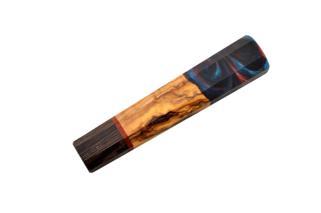 The Made in Turkey Custom Wa-Handle #615 (139mm Standard) features three handmade sections: dark wood, light wood with natural grain like olive wood, and a swirled blue and red resin epoxy, shown on a white background.