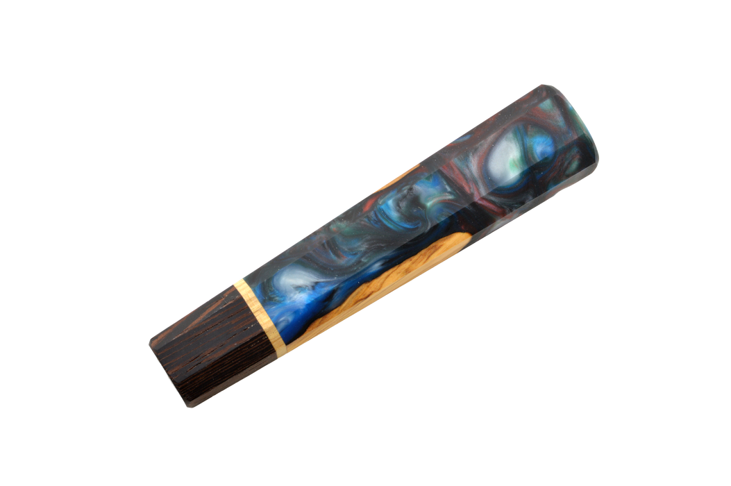 The Custom Wa-Handle #616 - 141mm (Standard) by Made in Turkey features dark brown and light wood with a glossy blue, green, and silver resin swirl—perfect for pairing with an epoxy knife handle—displayed on a plain white background.