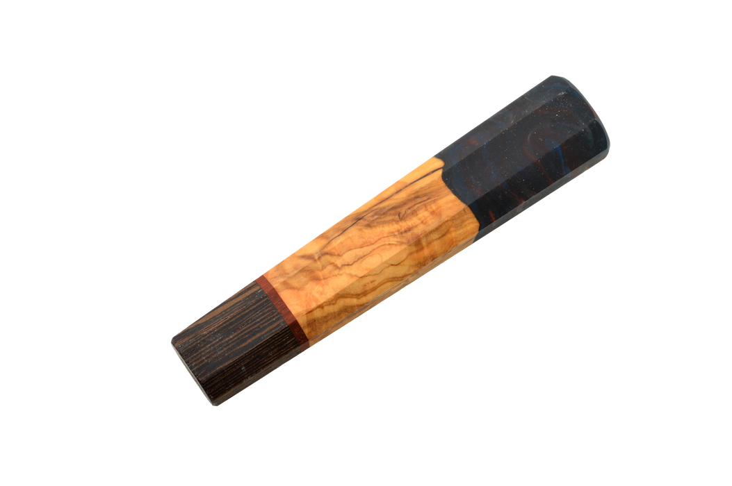 The Custom Wa-Handle #618 - 139mm (Standard) by Made in Turkey features an octagonal handle with distinct light brown, dark brown, reddish, and black wood sections, beautifully displayed against a white background.