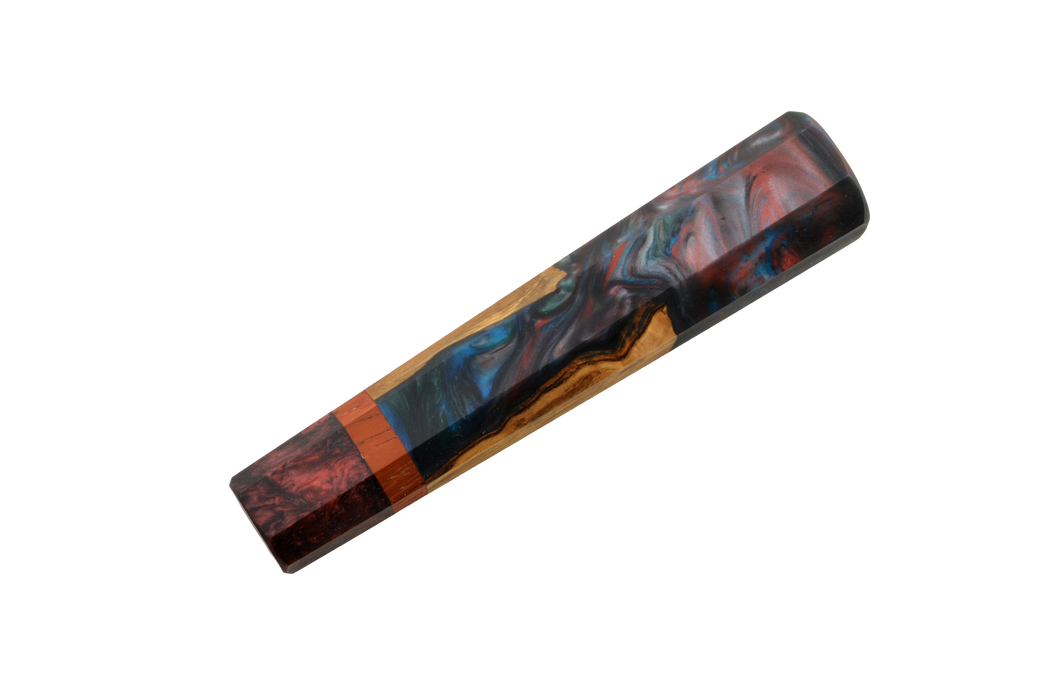 The Custom Wa-Handle #620 - 139mm (Standard) by Made in Turkey is a rectangular pen blank of resin and wood, showcasing blue, red, black swirls and natural wood grain—ideal for crafting a custom knife handle—shown on white.