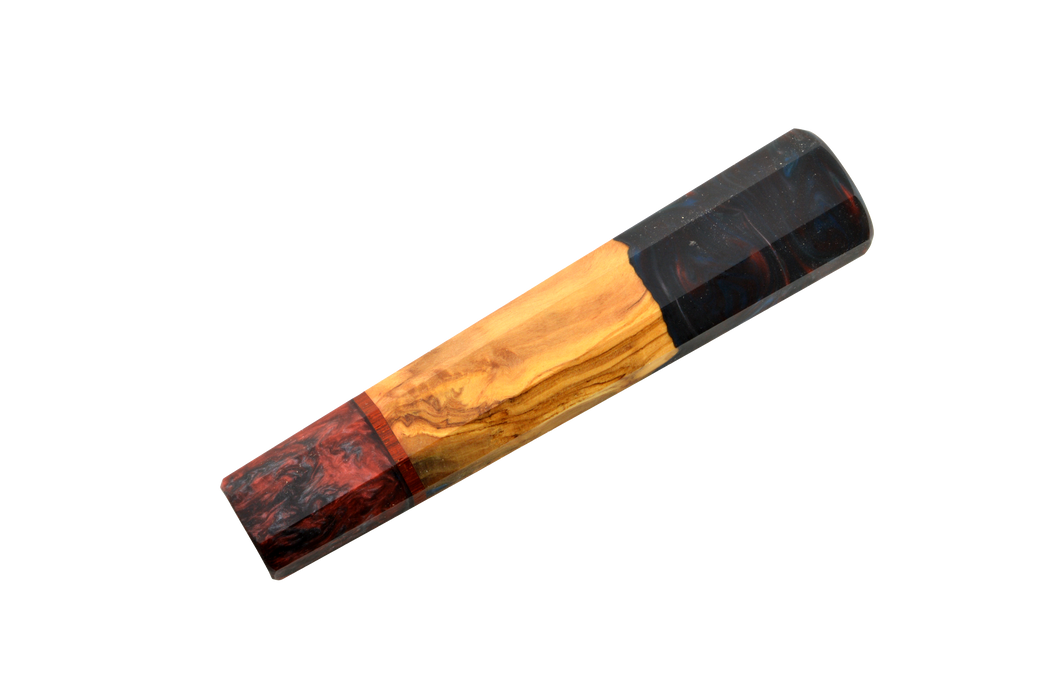 The Made in Turkey Custom Wa-Handle #621 - 140mm (Standard) features three sections: reddish-brown wood, a light olive wood handle with natural grain, and dark marbled resin—all smoothly polished and displayed on a white background.