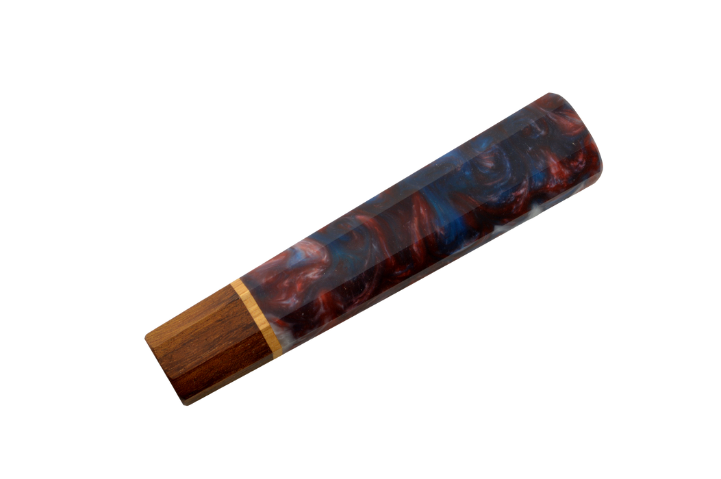 The Custom Wa-Handle #623 - 143mm (Standard) by Made in Turkey features smooth brown wood on one side and glossy resin with swirling dark red, blue, and black hues on the other, displayed against a white background.