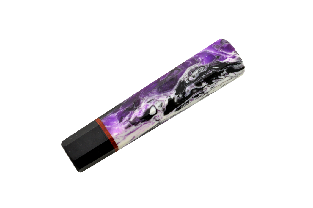 The Custom Wa-Handle #624 - 133mm (Standard) by Made in Turkey features a rectangular marbled design in purple, white, and black, with a thin brown stripe and solid black end, shown on a white background.
