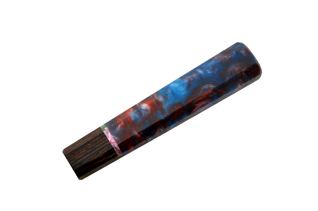 The Custom Wa-Handle #626 - 142mm (Standard) by Made in Turkey features a rectangular design with one half in dark wood and the other half in glossy, marbled blue, red, and white epoxy, shown against a plain white background.