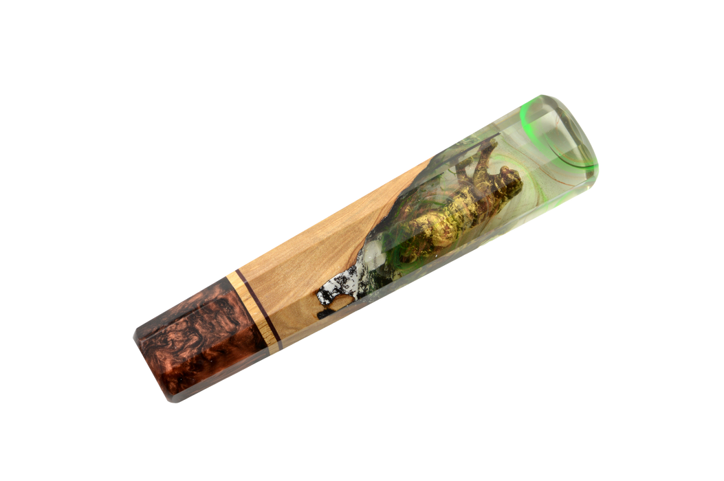 The Custom Wa-Handle #632 - 144mm (Standard) by Made in Turkey features brown wood grain, clear and greenish resin, and metallic accents—ideal inspiration for a unique custom knife handle or elegant olive wood handle design.