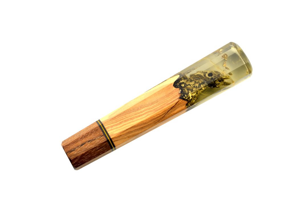 The Custom Wa-Handle #633 - 145mm (Large) by Made in Turkey is a handcrafted pen featuring a wooden base and clear resin top with a preserved small frog, inspired by custom knife handles, shown on a white background.