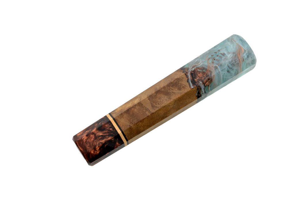 The Custom Wa-Handle #635 - 140mm (Standard) by Made in Turkey features a walnut wood handle with blue resin and swirling patterns, reminiscent of custom knife handles, shown isolated on a white background.