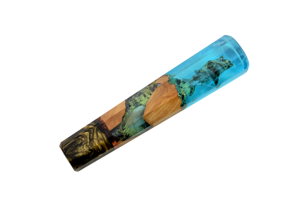 The Custom Wa-Handle #639 - 145mm (Large) by Made in Turkey features layered blue and gold resin with embedded wood, inspired by custom knife handle art, showcased on a plain white background.