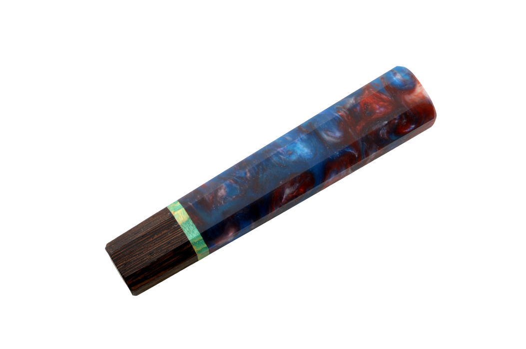 The Custom Wa-Handle #640 (144mm, Made in Turkey) features a rectangular Wenge wood end, a thin green stripe, and a body of swirling blue and red epoxy resin, displayed on a plain white background.