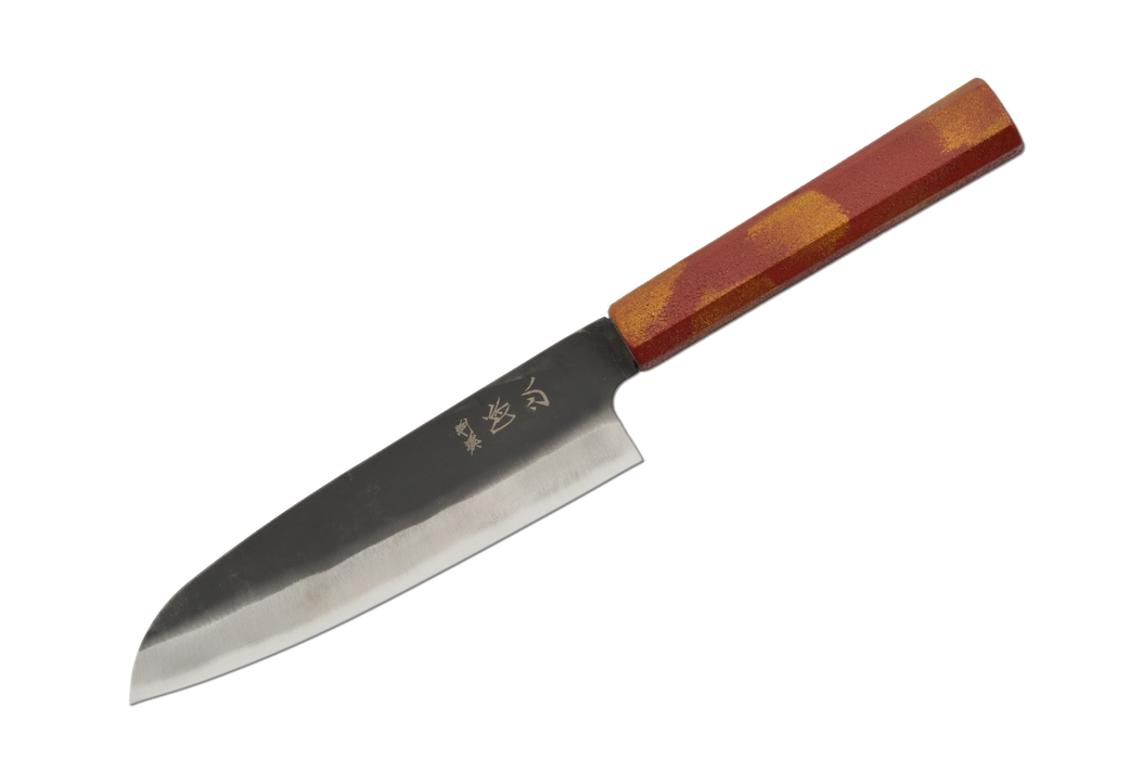 Aokitae Blue 2 Lacquered Red Sand-Finish Kurouchi Santoku 180mm