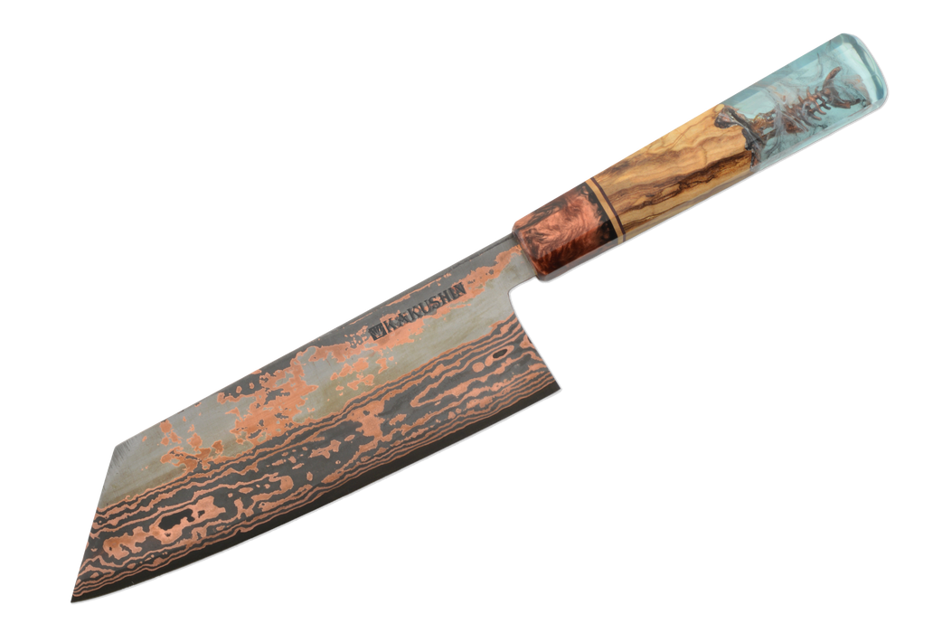 Copper Damascus 52100 S-Grind Skeletal Tall-Bunka 180mm