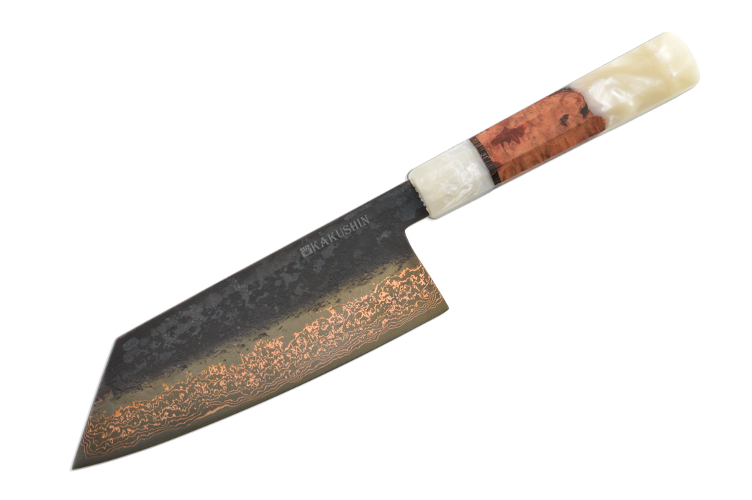 Copper Damascus Kurouchi Bronze Amboyna 52100 Bunka 180mm