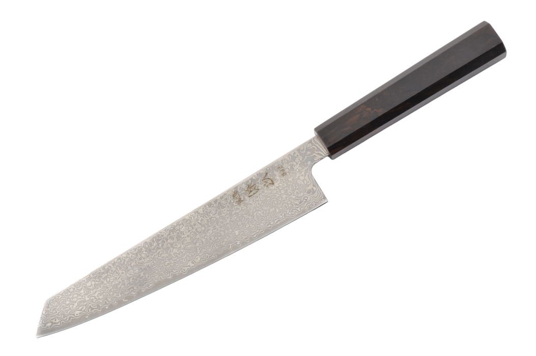 Kiri-Sujihiki Hatsukokoro Hikari en acier damassé SLD, manche en ébène, 205mm