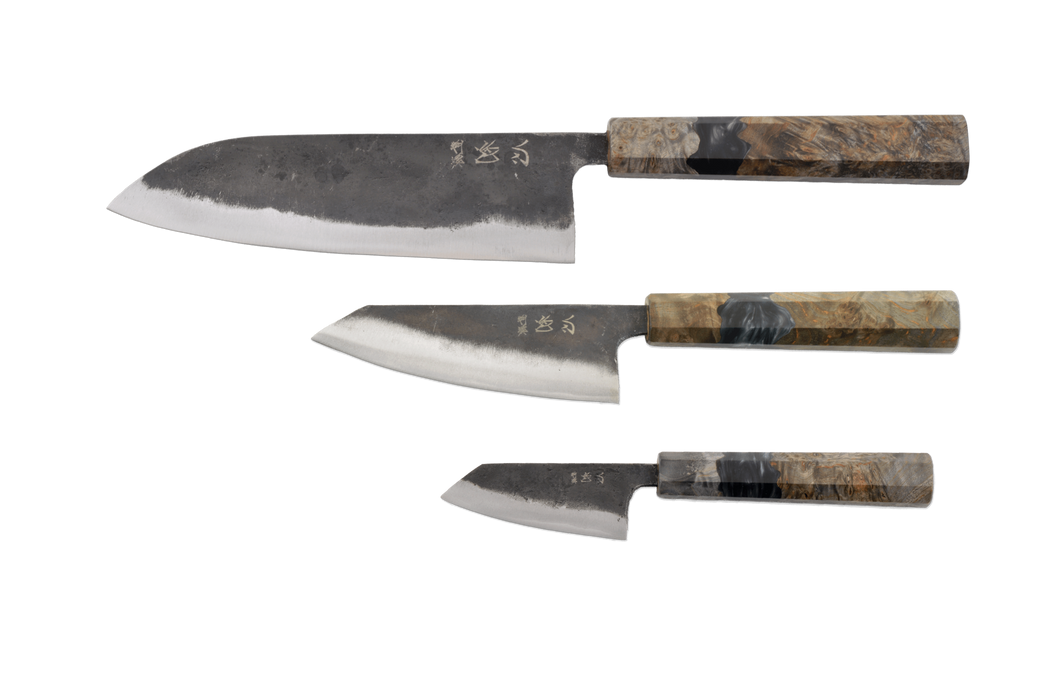 Ensemble de trois couteaux de chef Hatsukokoro Kurogane en bouleau et époxy