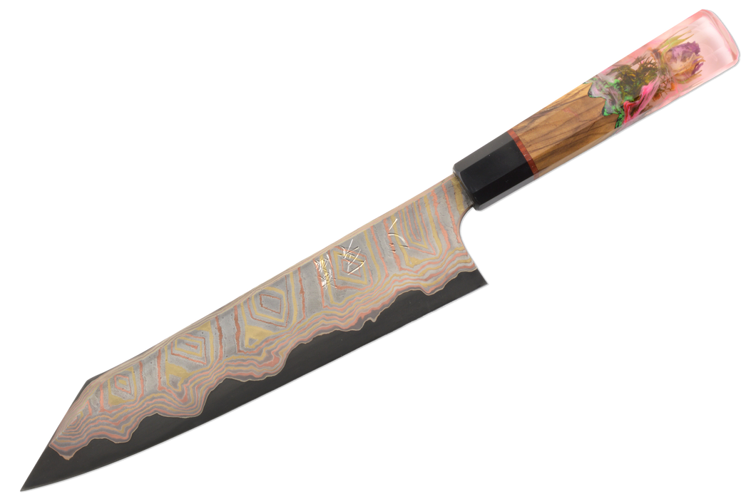 Irodori Ao2 Kurozome Rainbow Damascus Custom Rose Kiritsuke 240mm