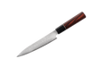 Le couteau « Made in Japan » Seki VG10 Damascus Petty de 150 mm, fabriqué dans la ville de Seki, se caractérise par une lame en acier à motifs et un manche en bois foncé, le tout présenté sur un fond blanc uni.