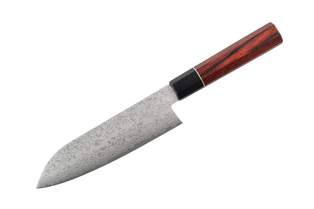 The Made in Japan Seki VG10 Damascus Santoku 170mm features a patterned VG10 Damascus steel blade and a polished wooden handle, shown on a white background.