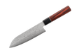 The Made in Japan Seki VG10 Damascus Santoku 170mm features a patterned VG10 Damascus steel blade and a polished wooden handle, shown on a white background.