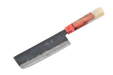 Le couteau Shinka Custom Amboyna & Pearl AO2 Kurouchi Nakiri 165 mm, assemblé au Canada 🍁, est doté d'une lame rectangulaire en acier Aogami Blue n° 2 et d'un manche en bois rehaussé de touches de rouge et d'ivoire, qui se détachent avec élégance sur un fond blanc.