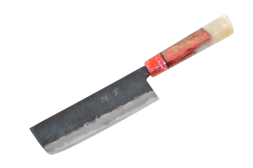 The Shinka Custom Amboyna & Pearl AO2 Kurouchi Nakiri 165mm by Assembled in Canada 🍁 features a rectangular Aogami Blue #2 steel blade and a wood handle with red and ivory accents, elegantly displayed on a white background.