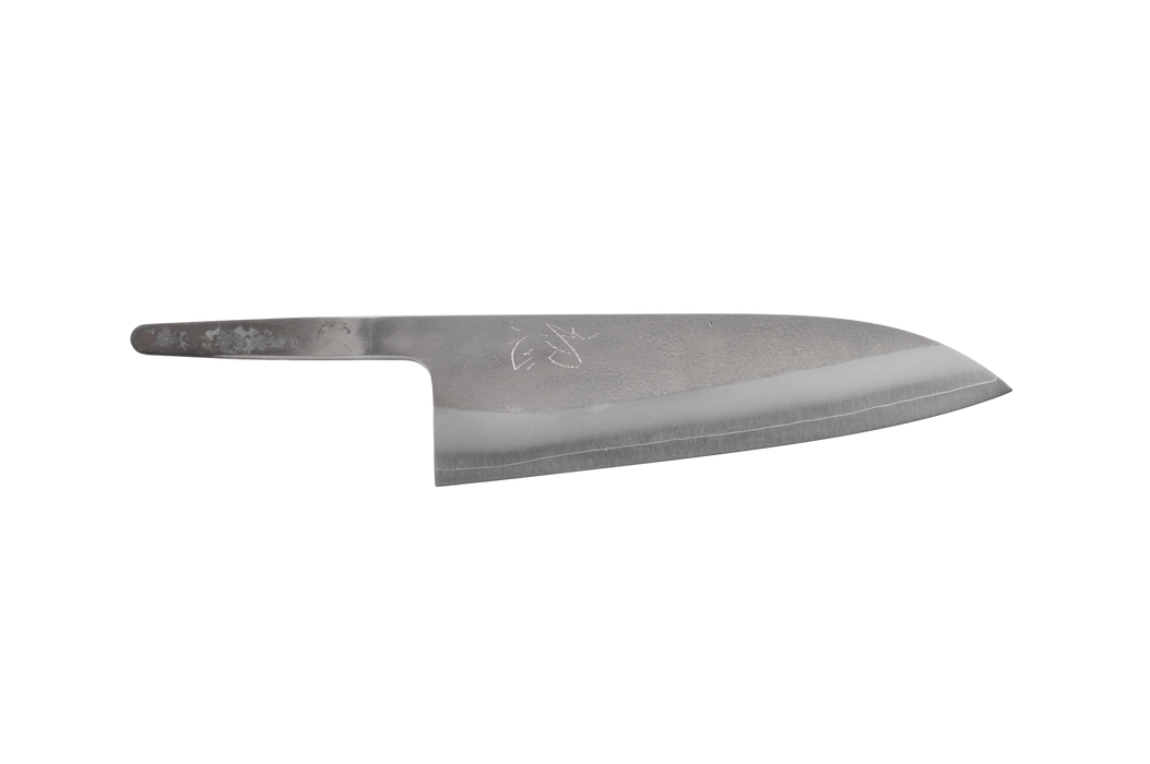 The Yoshikane SKD Nashiji Santoku 165mm (Blade Only) by Made in Japan features a wide, curved semi-stainless steel blade, shown on a plain white background.