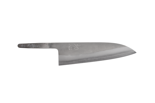 The Yoshikane SKD Nashiji Santoku 165mm (Blade Only) by Made in Japan features a wide, curved semi-stainless steel blade, shown on a plain white background.