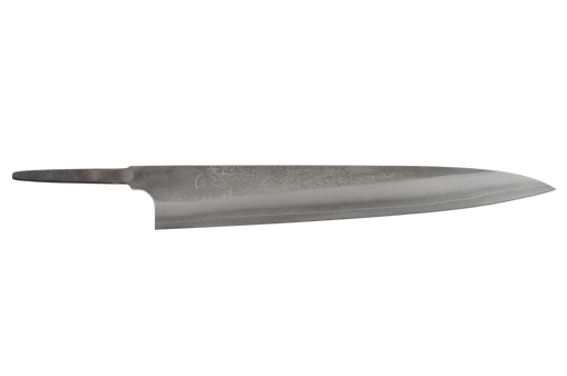 The Made in Japan Yoshikane SKD Nashiji Sujihiki 240mm (Blade Only) is a semi-stainless Japanese slicing knife blade, featuring a sharp edge and pointed tip, shown without a handle against a white background.