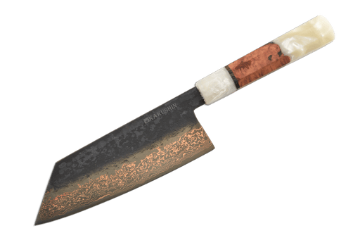 Copper Damascus Kurouchi Bronze Amboyna 52100 Bunka 180mm - Kakushin