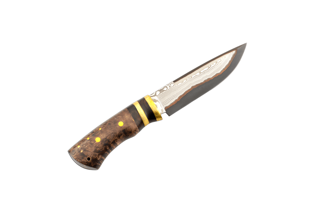 Custom Damascus 52100 Stabilized Burl Hunting Knife 145mm - Kakushin