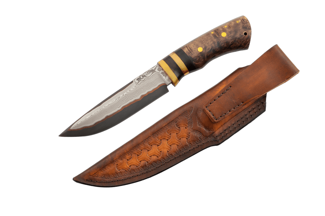 Custom Damascus 52100 Stabilized Burl Hunting Knife 145mm - Kakushin