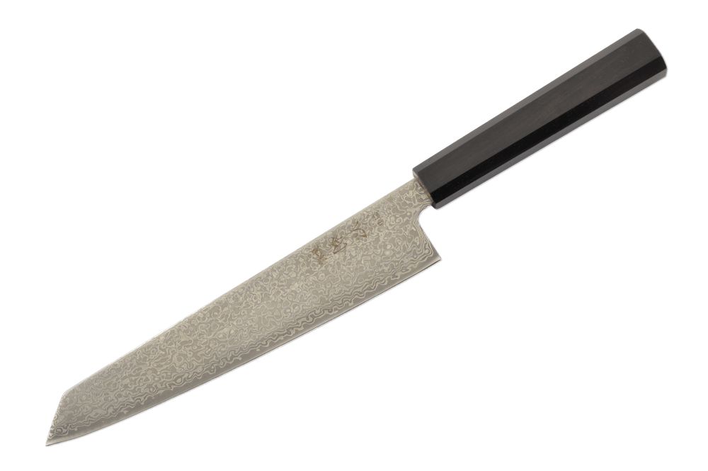 Kiri-Sujihiki Hatsukokoro Hikari en acier damassé SLD, manche en ébène, 205mm