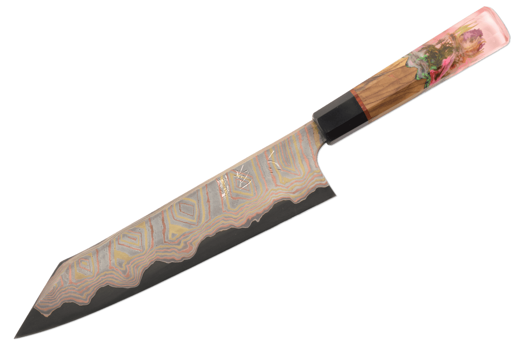 Irodori Ao2 Kurozome Rainbow Damascus Custom Rose Kiritsuke 240mm - Kakushin