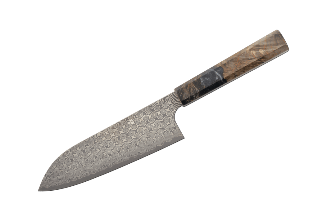 Nigara SG2 Anmon Damascus Stab Epoxy Santoku 180mm - Kakushin